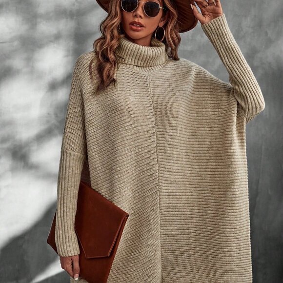 Khaki Casual Womens Turtleneck Batwing Sleeve Sweater Dress - Picture 3 of 5